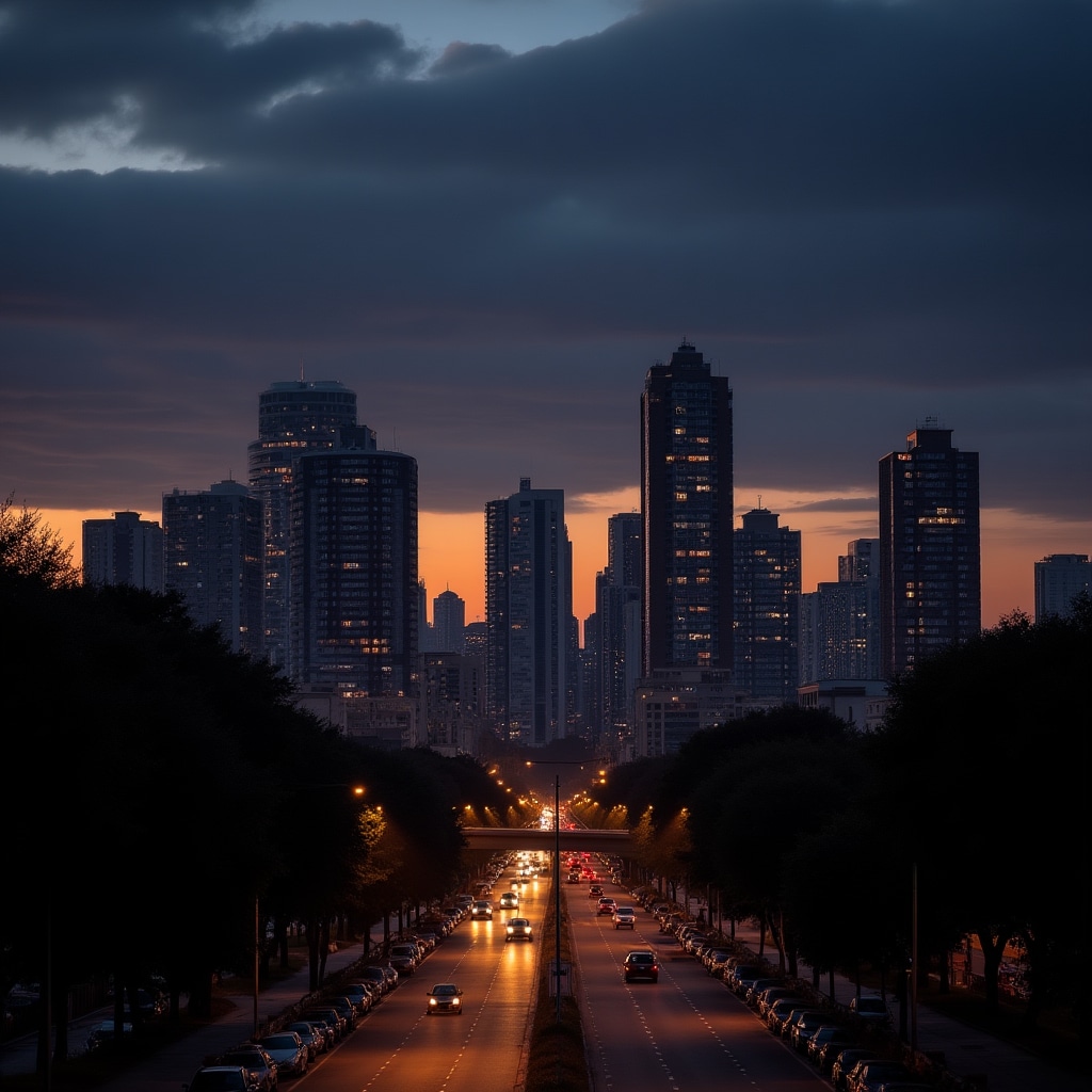 Urban skyline of an Argentine city at dusk showing residential and commercial buildings