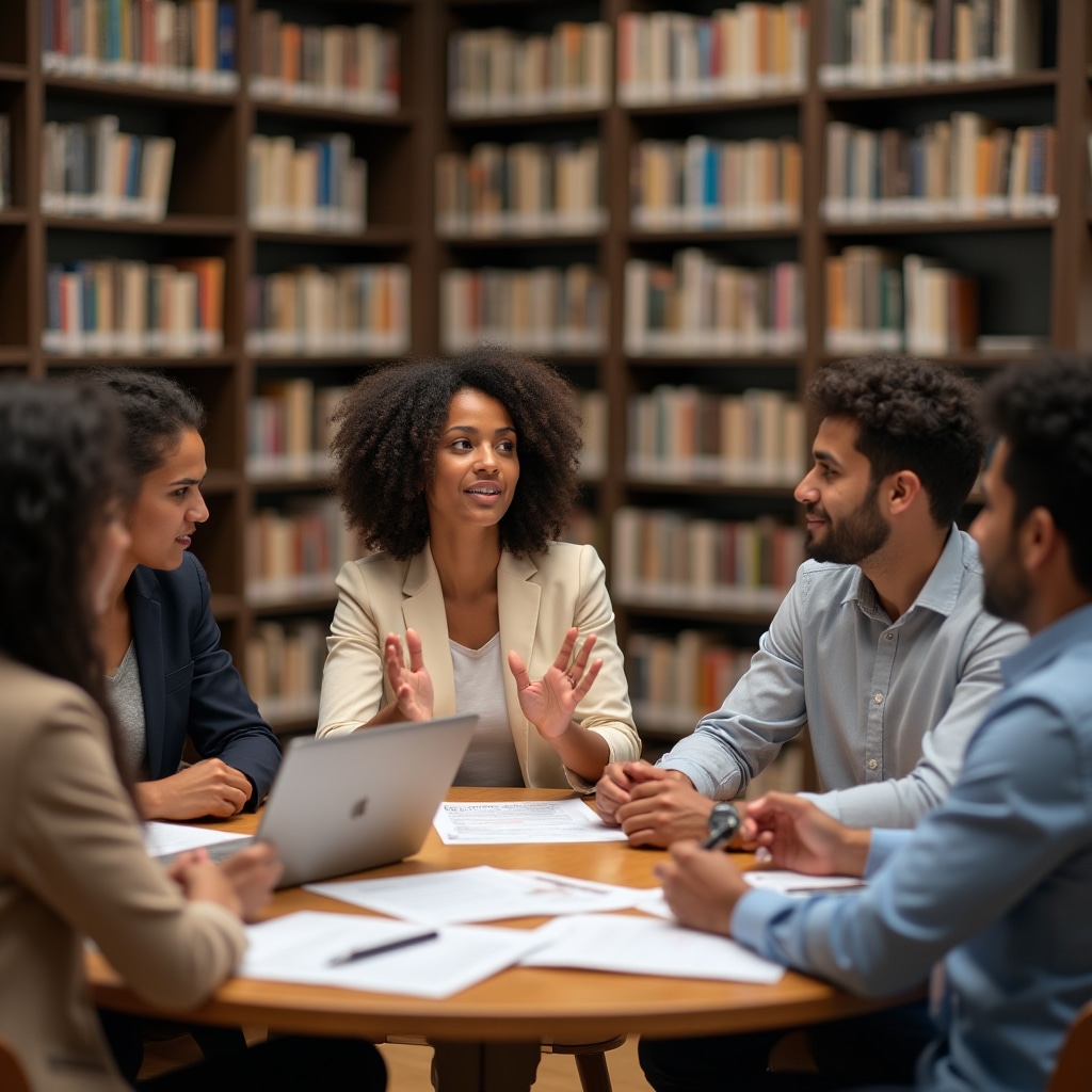 Students engaged in a finance discussion in a modern study environment