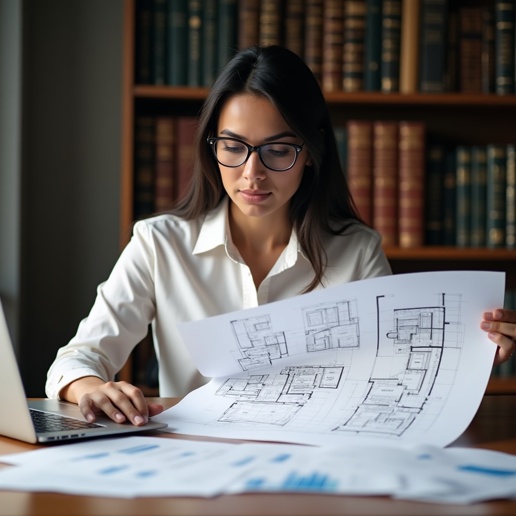 Professional reviewing financial data and architectural plans on a desk