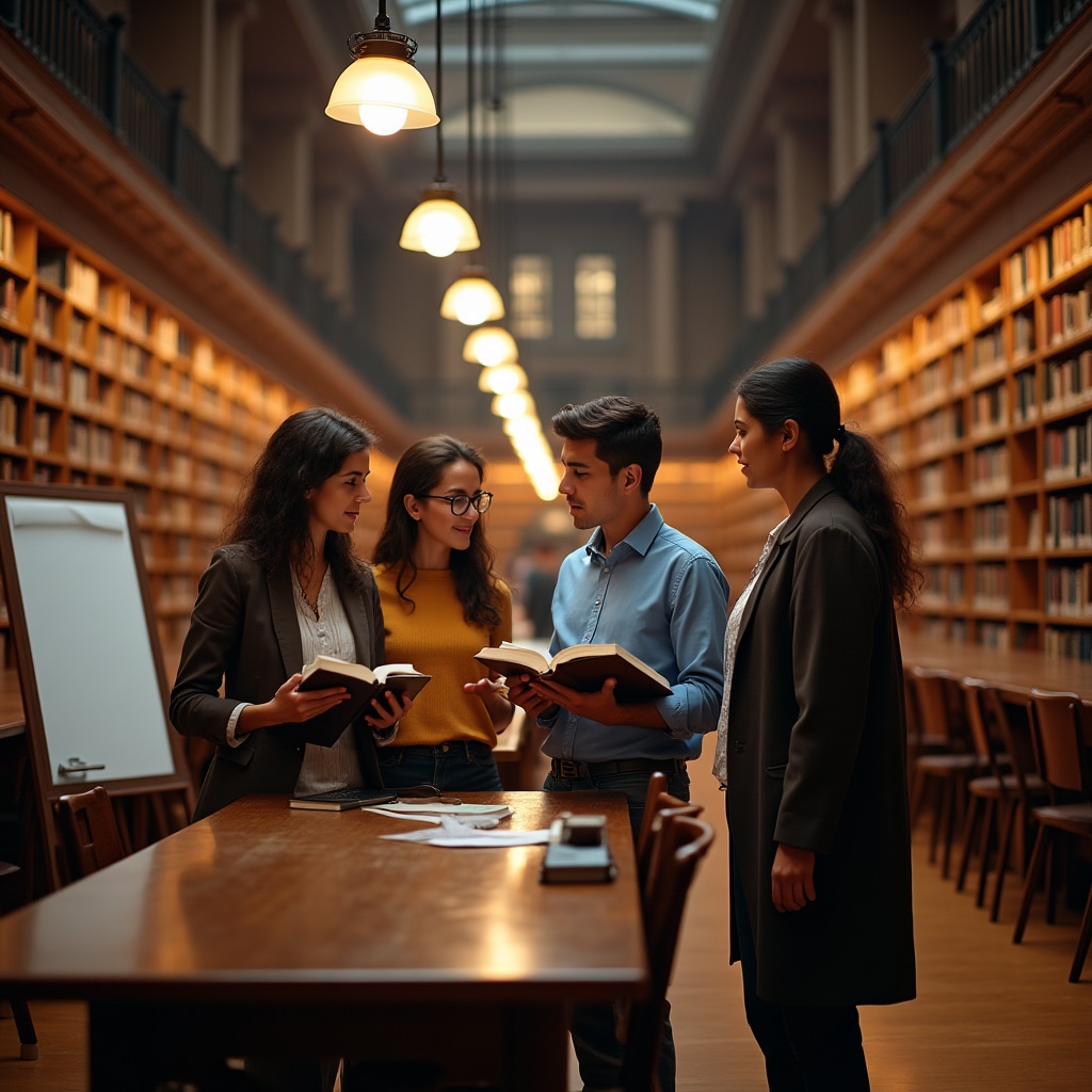 Educational team in a library setting discussing real estate finance