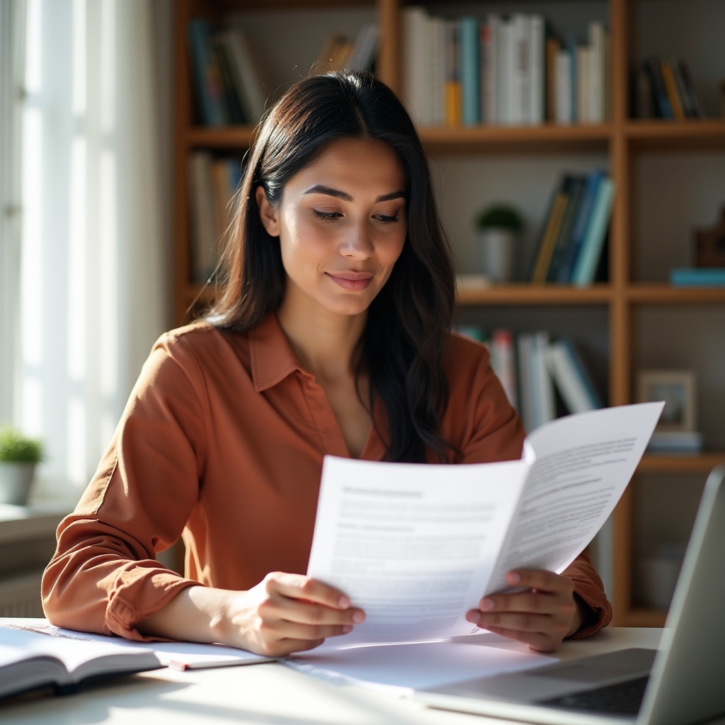 Woman studying real estate finance materials in a bright academic environment